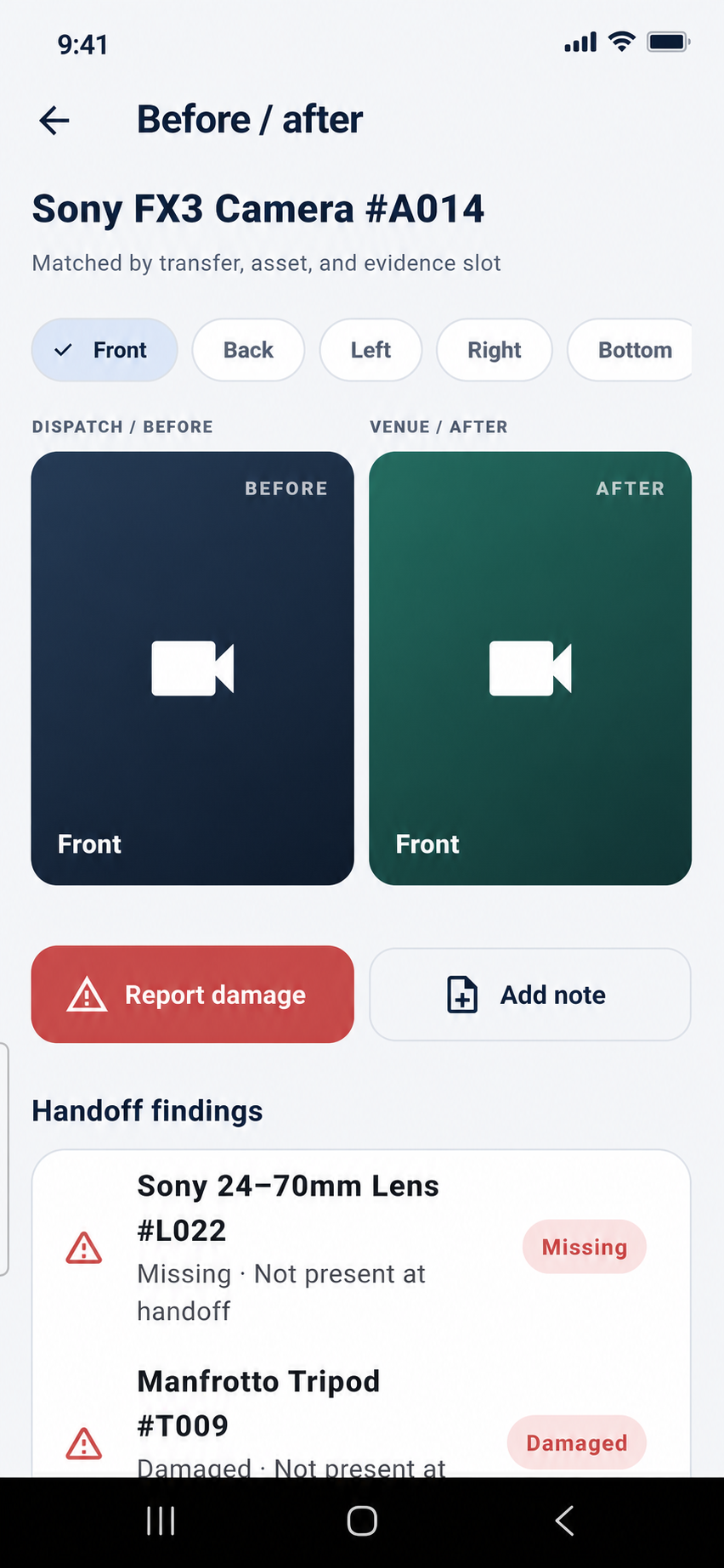 Relay AV before-and-after evidence screen comparing the same camera angle at dispatch and arrival