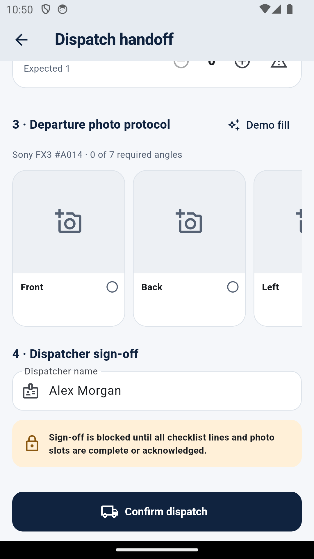 Relay AV departure photo protocol with required Front, Back, and Left evidence slots